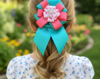 Fiocco per capelli artigianale Watermelon Boutique – Accessorio estivo con nastro rosa turchese