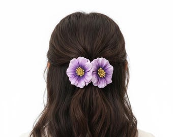 Fiocco per capelli con fiori viola fatto a mano / Fermaglio per capelli floreale personalizzato per bambine / Elegante fermaglio a doppio fiore / Accessorio per capelli per neonate e bambine