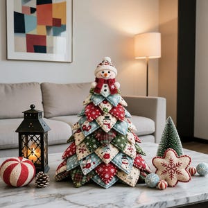 Peut inclure: Un ornement de sapin de Noël en tissu décoratif composé de pièces triangulaires superposées en rouge, vert et bleu avec des motifs de bonhommes de neige et de flocons. Une figurine de bonhomme de neige en peluche orne le sommet.