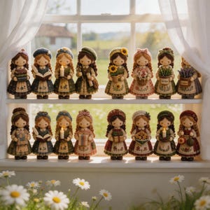 May include: A collection of sixteen small, handcrafted dolls arranged on a window sill. Each doll features detailed fabric clothing, embroidered aprons, and accessories like books, candles, flowers, and gifts, all with soft, neutral facial features.