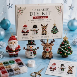 May include: A 3D beaded DIY kit for four Christmas ornaments featuring a Santa, snowman, reindeer, and tree. The box displays the text 3D BEADED DIY KIT 4 PIECE SET CLASSIC CHRISTMAS ICONS. Includes a bead organizer, thread, needle, and instructions.