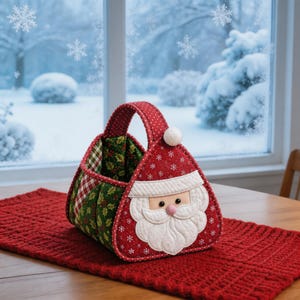 Peut inclure: Un panier en tissu arborant un motif de visage de Père Noël rouge avec une barbe et un bord de bonnet blancs. Les côtés sont en tissu vert à motif de feuilles de houx et carreaux rouges. La anse est rouge avec des pois blancs.