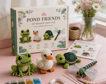 Pond Friends 3D Beaded Animal DIY Kit, 4 in 1 Frog, Duck, Turtle, Dragonfly Bead Making Set, Handmade 3D Bead Figurine Starter Kit