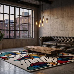 May include: An interior shot of a modern living room with a black leather sofa, a wooden coffee table, and a colorful patterned rug. The room has large windows overlooking a city.