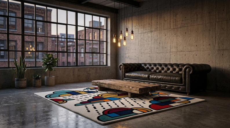 Pode incluir: Interior de uma sala de estar moderna com um sof&aacute; de couro preto, uma mesa de centro de madeira e um tapete estampado colorido. A sala tem grandes janelas com vista para uma cidade.