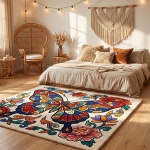 May include: A bedroom scene with a large, colorful butterfly rug as the focal point. The rug features a detailed butterfly design with red, blue, and yellow accents. The room includes a bed with neutral bedding, a wicker chair, and potted plants, creating a bohemian aesthetic.