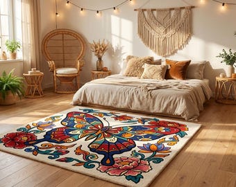 Pode incluir: Interior de quarto com um tapete de borboleta colorido. O tapete apresenta um design detalhado de borboleta com detalhes em vermelho, azul e amarelo. O quarto inclui uma cama com roupa de cama neutra, uma cadeira de vime e plantas em vasos.