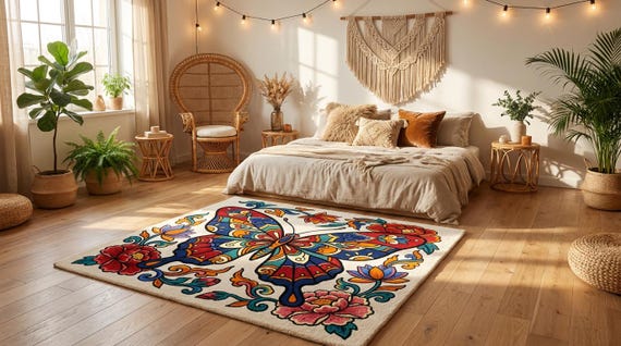 Boho Butterfly Tufting Pattern, Floral Rug Design, Nature Punch Needle Template (PDF)