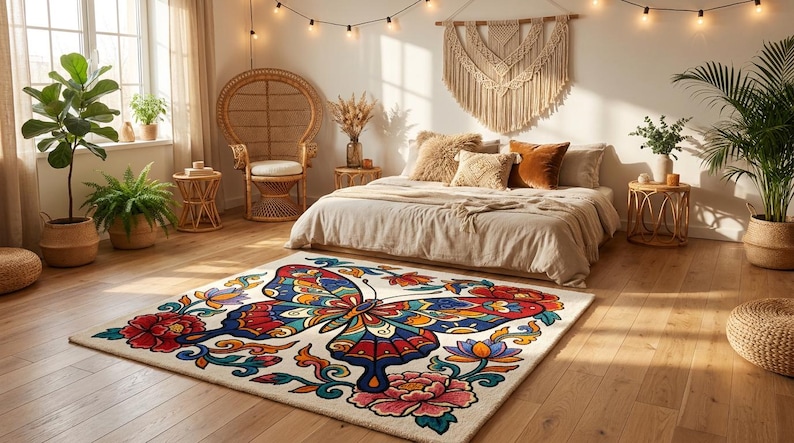 May include: A bedroom scene with a large, colorful butterfly rug as the focal point. The rug features a detailed butterfly design with red, blue, and yellow accents. The room includes a bed with neutral bedding, a wicker chair, and potted plants, creating a bohemian aesthetic.