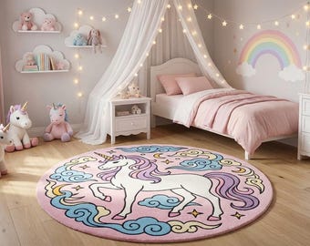 Unicorn Celestial Round Rug – Punch Needle Tufted Wool Carpet (Digital Download)