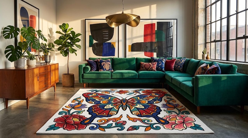 May include: A living room with a green sectional sofa, a large butterfly rug, and abstract art. The rug features a colorful butterfly design with red, blue, and orange accents. The room also includes a wooden cabinet and potted plants.
