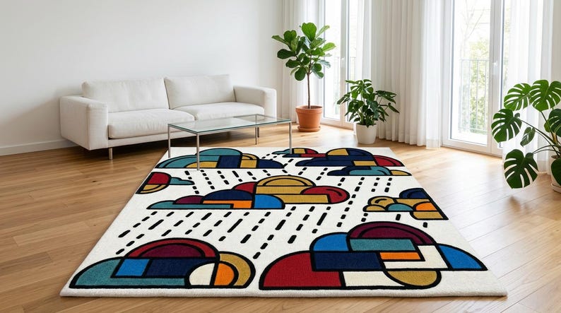 Pode incluir: Um tapete retangular com um design de nuvens. O tapete apresenta um fundo branco com formas de nuvens coloridas em vermelho, azul, amarelo e preto. Linhas pretas representam a chuva. O tapete est&aacute; colocado sobre um ch&atilde;o de madeira.