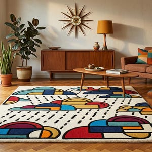 Pode incluir: Uma sala de estar com uma est&eacute;tica retro, com um tapete estampado com um design de nuvens multicoloridas. O tapete est&aacute; sobre um ch&atilde;o de madeira, e a sala inclui um sof&aacute; castanho, m&oacute;veis de madeira e um rel&oacute;gio de estrela na parede.