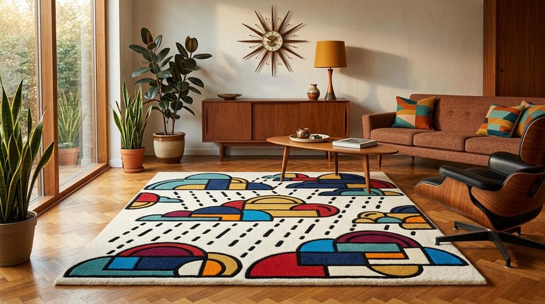 Pode incluir: Uma sala de estar com uma est&eacute;tica retro, com um tapete estampado com um design de nuvens multicoloridas. O tapete est&aacute; sobre um ch&atilde;o de madeira, e a sala inclui um sof&aacute; castanho, m&oacute;veis de madeira e um rel&oacute;gio de estrela na parede.