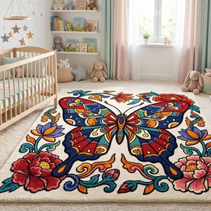 May include: A colorful butterfly rug with a cream background in a nursery setting. The rug features a large butterfly design with red, blue, yellow, and orange details. The room includes a wooden crib, stuffed animals, and decorative wall decals.