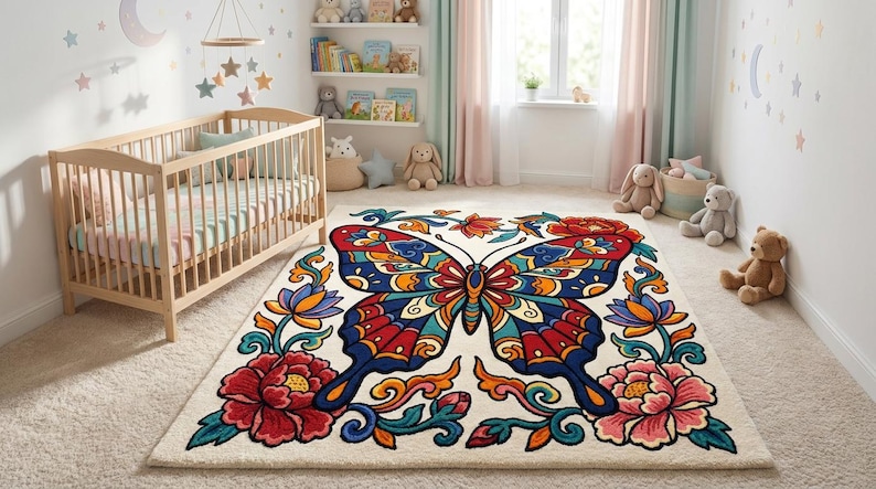 May include: A colorful butterfly rug with a cream background in a nursery setting. The rug features a large butterfly design with red, blue, yellow, and orange details. The room includes a wooden crib, stuffed animals, and decorative wall decals.