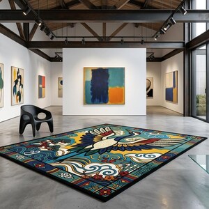 Pode incluir: Interior de galeria de arte com um tapete colorido com um desenho de grou. Pinturas abstratas adornam as paredes, complementadas por uma cadeira preta. Uma mesa de centro de vidro e uma planta em vaso completam a cena. O tapete é o elemento central.