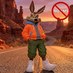 May include: A coyote figurine wearing an orange zip-up hoodie with a blue hood, a gray shirt, and olive green cargo shorts. The figure wears white high-top sneakers. A red circle with a diagonal line and the text NO AMS is visible.