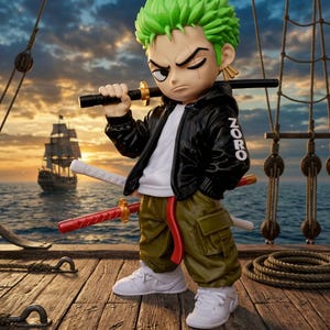 Pode incluir: Uma estatueta em estilo chibi de um personagem com cabelo verde espetado, vestindo uma jaqueta preta com o texto ZORO na manga, uma camisa branca e calças cargo verde-oliva. A figura segura uma katana preta e tem duas outras espadas.