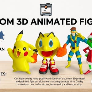Könnte beinhalten: Eine Sammlung von fünf individuellen 3D-gedruckten Figuren, darunter Pikachu, Pac-Man, Cyclops, der Grinch und Tweety. Der Text lautet CUSTOM 3D ANIMATED FIGURES, FAST PAN-EUROPEAN SHIPPING, AVAILABLE SIZES: 20cm - 25cm (8-10 inches), ORDER YOURS und ORDER YOURS NOW!