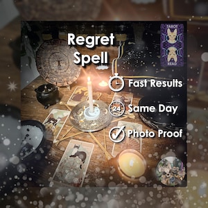 May include: An arrangement of tarot cards, candles, and ritual items on a wooden surface. The text "Regret Spell" is displayed, along with icons indicating fast results, same-day service, and photo proof. A lit candle is in the center.