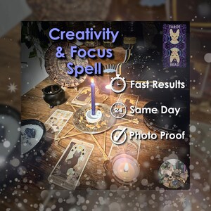 Puede incluir: Una escena mística con cartas del tarot, velas y una vela encendida. El texto dice "Creativity & Focus Spell", con "Fast Results", "Same Day" y "Photo Proof."