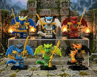 Conjunto de 6 Ninjas em Forma de Dragão | Ninjago Cristalizado | Guerreiros Dragão Dourados | Miniaturas MOC | Presente de Aniversário para Menino |