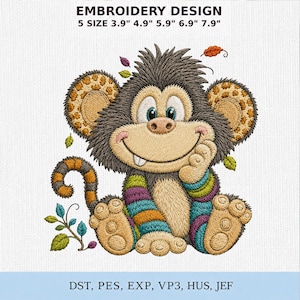 Monkey Embroidery Design, Baby Monkey Machine Embroidery Pattern, Jungle Animal Stitch File, Nursery Embroidery, Instant Download
