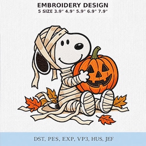 May include: An embroidery design featuring a white cartoon dog wrapped in beige mummy bandages, holding an orange jack-o'-lantern pumpkin while sitting among orange and yellow autumn leaves. Text reads: EMBROIDERY DESIGN 5 SIZE 9.9 cm 12.4 cm 15 cm 17.5 cm 20.1 cm DST, PES, EXP, VP3, HUS, JEF.