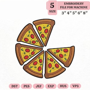 May include: An embroidery file for machine use featuring six pizza slices. Each slice has a yellow cheese base, red pepperoni, and green pepper toppings. The file sizes are 3", 4", 5", 6", and 8".