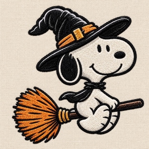 May include: An embroidered patch featuring a white cartoon dog with a black ear, wearing a black witch hat with an orange band and a black cape, while riding a brown broomstick with orange bristles against a textured cream background.