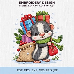 May include: An embroidery design featuring a cute hedgehog wearing a green scarf, holding a red bag, and standing next to a sack of gifts. Text reads: EMBROIDERY DESIGN 5 SIZE 3.9" 4.9" 5.9" 6.9" 7.9" and DST, PES, EXP, VP3, HUS, JEF.