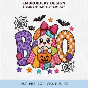 Projekt haftu BOO, plik do haftu maszynowego z motywem ducha na Halloween, kosz ze słodyczami, upiorny styl aplikacji