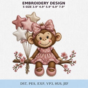 Baby Monkey Embroidery Design, Girl Monkey in Pink Dress with Star Balloons, Digital Download