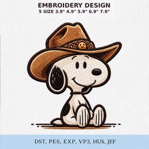 May include: Embroidery design featuring a white cartoon dog with a black ear and spot, wearing a brown cowboy hat with a small smiley face emblem. Text reads: EMBROIDERY DESIGN 5 SIZE 3.9" 4.9" 5.9" 6.9" 7.9" and DST, PES, EXP, VP3, HUS, JEF.