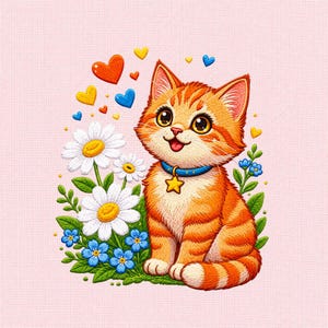 May include: An orange tabby cat with large eyes and a blue collar featuring a yellow star charm, sitting beside white daisies and small blue flowers. Floating above the cat are several colorful hearts in red, blue, and yellow shades.