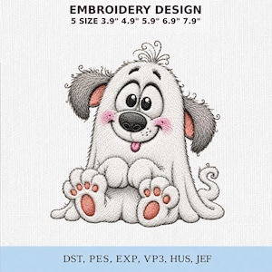 Può includere: Un disegno per ricamo raffigurante un cane dei cartoni animati con pelo bianco, orecchie grigie e guance rosa, seduto con la lingua di fuori. Il testo recita EMBROIDERY DESIGN 5 SIZE 3.9" 4.9" 5.9" 6.9" 7.9" e i formati DST, PES, EXP, VP3, HUS, JEF.