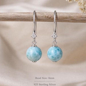 Ocean Blue Larimar Gemstone Dangle Earrings, AAA Grade 8-9mm, Sterling Silver, Boho Jewelry