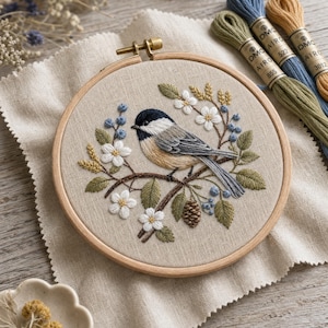 May include: Embroidered hoop art featuring a small bird perched on a branch with white flowers, green leaves, and blue berries. The bird has a black head, tan chest, and gray wings. The embroidery is set in a wooden hoop on a beige fabric.