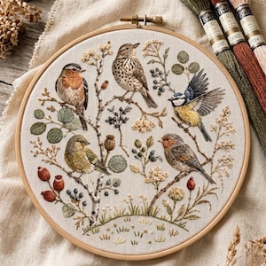 Broderikit för trädgårdsfåglar - Skogsnaturpyssel, DIY-handarbete med fågelskådning, väggkonst i Cottagecore-stil