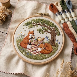 Puede incluir: Un bastidor de bordado con una escena cosida de dos zorros haciendo un picnic bajo un árbol sobre una manta de cuadros rojos y blancos. El diseño incluye una cesta de picnic, pan y flores. Cuatro madejas de hilo de bordar están cerca.