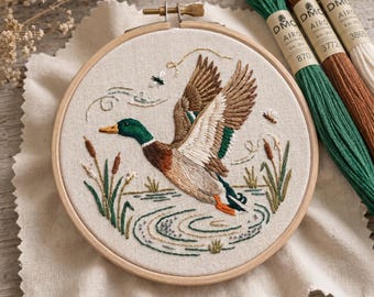 Mallard Duck Embroidery Kit - Flying Bird Nature Craft - Rustic Pond Scene DIY - Woodland Animal Art Gift
