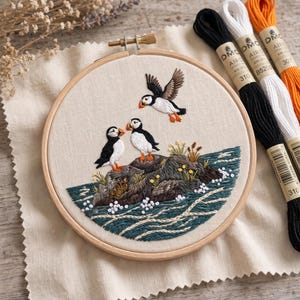 Kit de bordado de frailecillo - Punto de aguja de ave costera - Regalo de manualidades de animales marinos