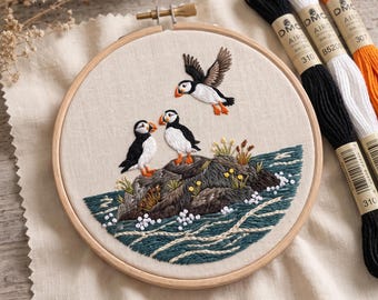 Borduurpakket papegaaiduiker - kustvogelnaaldpunt - DIY oceaandier knutselcadeau