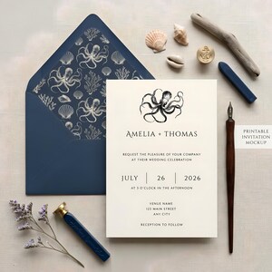Octopus Ocean Wedding Invitation Suite | Minimal Save the Date, RSVP (Digital Download)