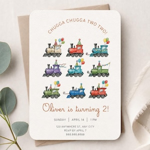 May include: A white birthday invitation card featuring nine colourful watercolour trains with party hats and balloons. The text reads CHUGGA CHUGGA TWO TWO!, Oliver is turning 2!, Sunday, April 14, 1 PM, 123 Anywhere St, Any City, RSVP by April 7, 888.888.8888.