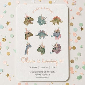 Op de afbeelding: Een rechthoekige verjaardagsuitnodigingskaart met afgeronde hoeken met negen aquarel dinosaurussen met feesthoedjes en zonnebrillen. De tekst luidt Sparkle & Roar!, Olivia is turning 4!, Sunday, June 14, 1 PM, 123 Anywhere St, Any City, RSVP by April 7, 888.888.8888.