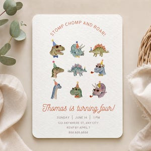 Dinosaurs In Party Hats Kids Birthday Invitation - Stomp, Chomp and Roar (Editable in Canva)