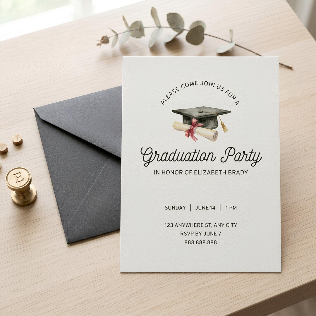 Simple Graduation Invitation Template Pink Ribbon (editable in Canva ...