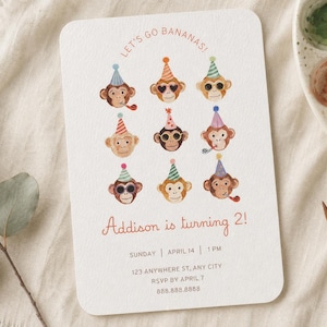 Puede incluir: Una tarjeta de invitación de cumpleaños rectangular blanca con nueve monos en acuarela que llevan sombreros de fiesta coloridos y gafas de sol. El texto dice: LET'S GO BANANAS! Addison is turning 2! SUNDAY | APRIL 14 | 1 PM 123 ANYWHERE ST, ANY CITY RSVP BY APRIL 7 888.888.8888.